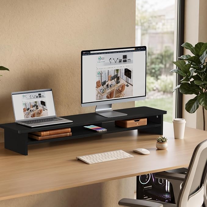 WALI 42 inch Large Wood Dual Monitor Stand Riser with Storage, up to 88lbs | Multi-Purpose Computer Stands, 2 Tier Desktop Organizer Desk Shelf for Home Office PC, Laptop, Printer, TV (WTT001), Black - Image 6