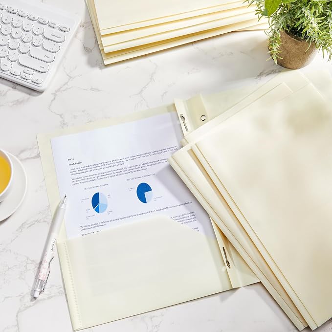Cholemy 72 Packs Pocket Folders with Prongs Heavy Duty Plastic Folder with Business Card Slot 3 Prong Fasteners for School Office (Beige) - Image 4