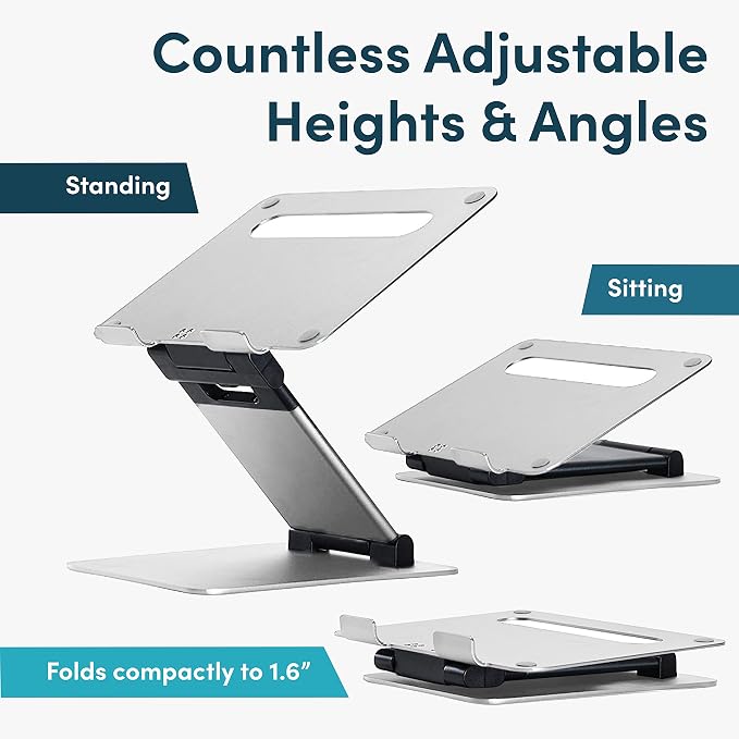 Lifelong Aluminum Adjustable Laptop Stand, Extra Tall 20" Riser, Silver | Ergonomic Laptop Stand for Desk, Portable Foldable Computer Stand, Fits 10-17 Inch Laptops & MacBooks - Image 3