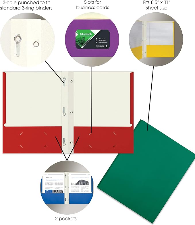 Better Office Products Letter Size Paper Portfolios, Case of 100, Assorted Primary Colors, with Fasteners (Assorted, 2 Pocket Paper Folders) - Image 5