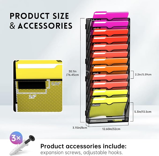 13-Tier Wall File Organizer with Base and Hooks, Hanging Organizer, Black | Wall Organizer and Wall File Holder with 13 Vertical Pockets and Bottom Tray for Files, Mail, Folders, Magazines and Paper - Image 7