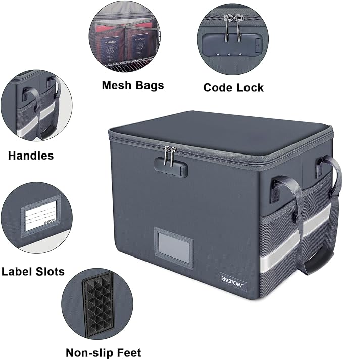ENGPOW File Box with Lock, Fireproof Document Box with Pockets, Collapsible File Organizer Filing Storage Cabinet with Handle, Portable Home Office Safe for Hanging Letter/Legal Folders,Gray,2 Pack - Image 3