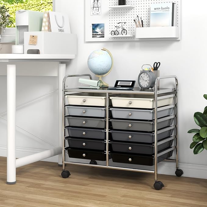 GOFLAME 12-Drawer Rolling Storage Cart, Multifunctional Art Craft Organizer Cart, Mobile Utility Storage Cart with Removable Drawers & Lockable Wheels, Craft Cart for Home Office School, Grey Gradient - Image 4