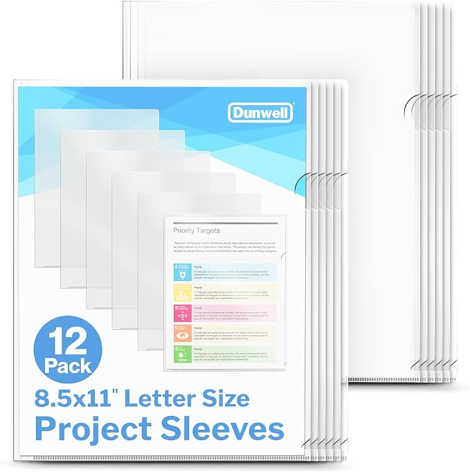 Dunwell Clear Folders for Documents, Plastic 8.5x11 File Sleeves, 12 Pack | Document Protection, Filing, Storage, Organization, Transparent Pockets, Durable Letter Size Holder by Dunwell