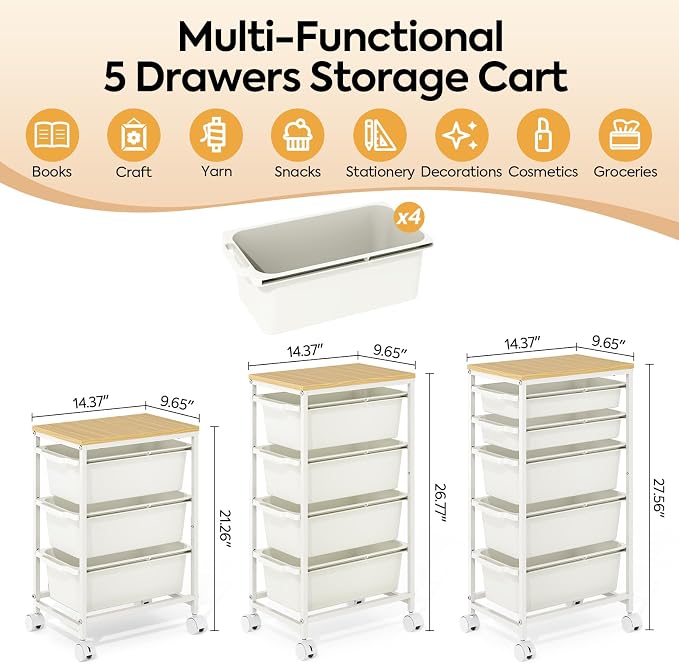 KINGBOARD Slim Rolling Cart with 4 Drawers, Metal Utility Storage Cart | Wooden Tabletop, Lockable Wheels, Table Side Trolley for Bedroom, Children's Room and Office Organization, White - Image 2