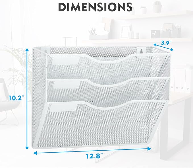 Magnetic 3 Pocket Mesh Hanging Wall File Organizer, Wall Mounted Mail Paper Document Folder Holder, Clipboard Storage Magazine Rack with Nametag Label for Office Home School, White - Image 3