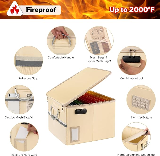 TOMKID Fireproof Document Box, Fire Proof Safe Box for Home Document Organizer with Lock, Fire Office Storage Cabinet for Hanging Letter/Legal Folder 16.1 x 12.9 x 11in (Off-white) - Image 3