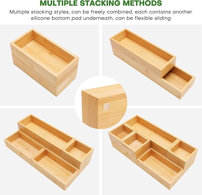 MapleGrace Bamboo Drawer Organizer Set, 9 PCS Wood Storage Organizers | Multi-Use Junk Drawer Divider, Storage Trays Containers for Kitchen, Bathroom, Office Desk, Makeup, Jewelry, Utensils - Image 3
