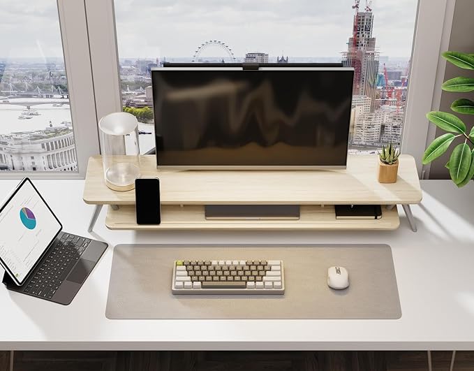 Fenge Dual Monitor Stand Riser, Wooden Desk Shelf with 2-Tier Storage | 42.5-Inch Wide, Sturdy Aluminum Legs, Built-In Phone & Tablet Slot, Desktop Organizer for Office Accessories - Image 6