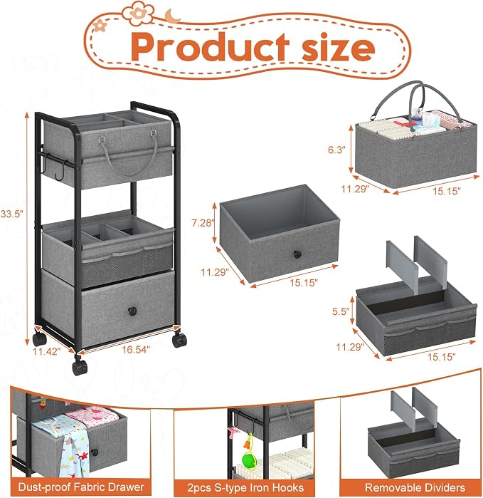 Cidaziya 3In1 Baby Diaper Caddy Organizer, 3 Tier Rolling Cart with Drawer, Detachable Dividers, Mobile Utility Cart Baby Dresser Clothes Organizer for Crib, Bedroom, Art & Craft Storage, Grey - Image 7