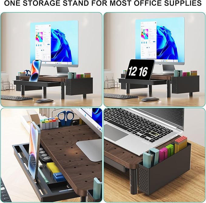 WALI Plastic Computer Monitor Stand with Storage, Desk Organizer with Drawer and Pen Holder, Desk Monitor Riser 3 Height Adjustable, Laptop Riser for Computer, Laptop, Printer(PTT003-C), 1 Pack, Brown - Image 4