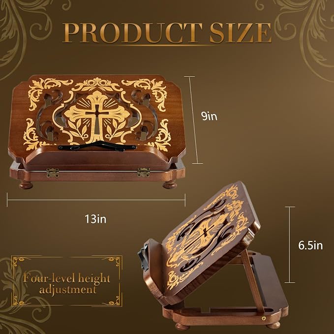Wooden Bible Holder Stand | Adjustable Carved Bible Reading Stand –13"×9",Foldable Bookshelf for Magazine,Recipe, Cookbook and Bible Prayer - Image 2