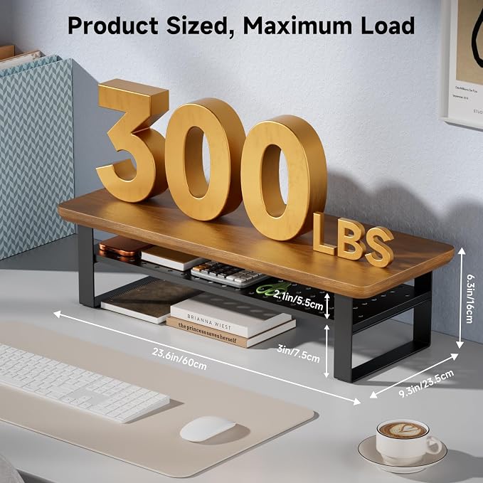 Monitor Stand Riser, 24 Inch Computer Monitor Stand for Desk, 2-Tier Wood Desk Shelf Organizer with Storage, Desktop Stand for Laptop/Screen/PC/Printer, Ergonomic Home Office Monitor Stand - Image 2