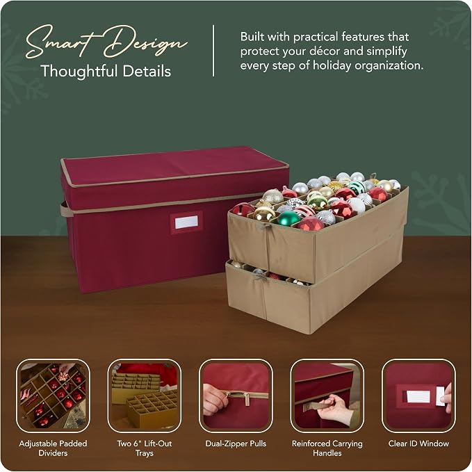 Covermates Keepsakes Adjustable Ornament Storage Box – Heavy-Duty Polyester, Padded Dividers & FlexGrid Trays – Protective Holiday Organizer with Stackable Walls & Label Window, Red - Image 4