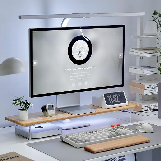 Bamboo Monitor Stand, Desk Shelf with Acrylic Legs and RGB Lights | 31.5-Inch Wide, 3.3-Inch Clearance, Fits Monitor, Laptop, Printer and Speakers for Small Desks by Rocdeer