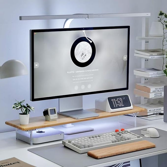 Bamboo Monitor Stand, Desk Shelf with Acrylic Legs and RGB Lights | 31.5-Inch Wide, 3.3-Inch Clearance, Fits Monitor, Laptop, Printer and Speakers for Small Desks by Rocdeer