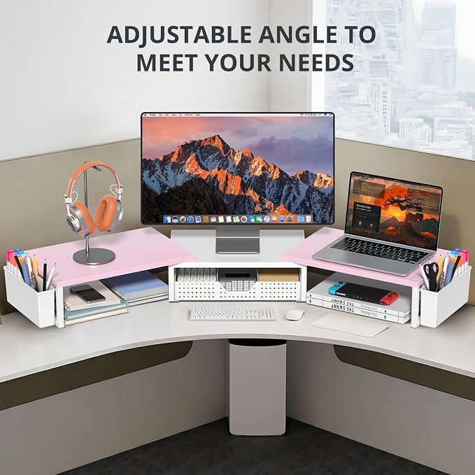 Desk Organizers and Accessories, Dual Monitor Stand Riser with Drawer and 2 Pen Holders, Desk Shelf Computer Racks for Office Workspace Organizers, Desktop Organization (Pink-White) - Image 5