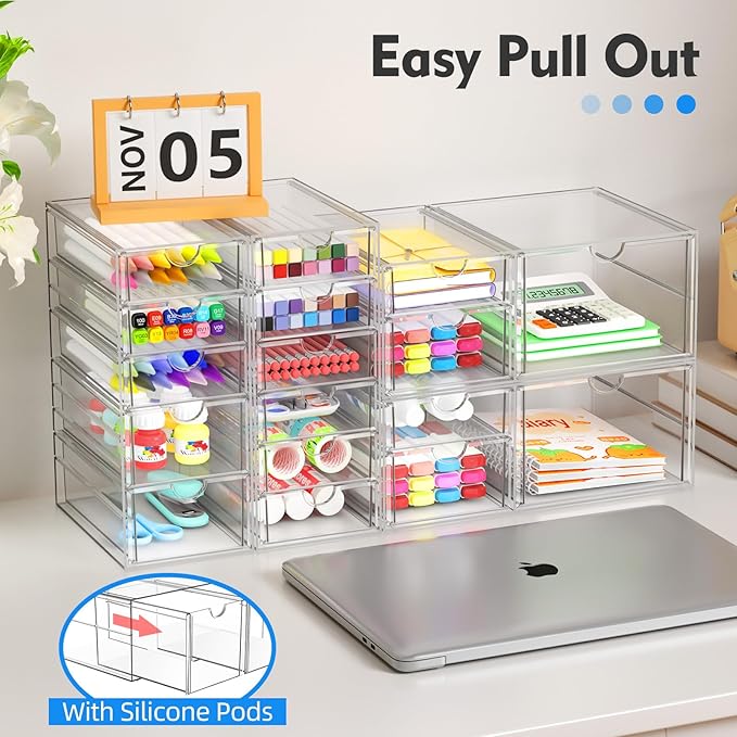 ARSTPEOE Acrylic 13-Drawer Storage & Makeup Organizer for Desk, Bath | Smooth-glide drawers, clear acrylic, stackable, dustproof, wipe-clean, for eyeliners, lip liners, markers, push pins,pen - Image 5