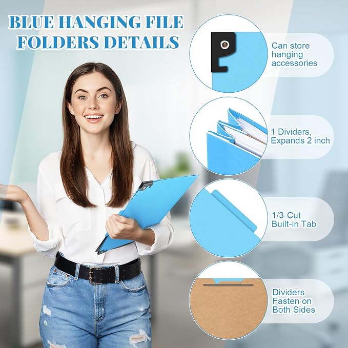 Henoyso 10 Pcs Hanging Classification Folders Bulk with 2 Prongs, 1 Divider Letter Size, 2 Inch Expansions Pressboard File Folder, 1/3-cut Tab File Organizer (1 Divider,Light Blue) - Image 3