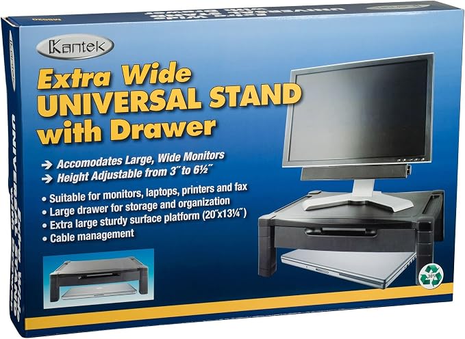 Kantek Wide Deluxe Two-Level Monitor Stand With Drawer, 20" X 13.25" X 3" To 6.5", Black, Supports 50 Lbs - Image 3