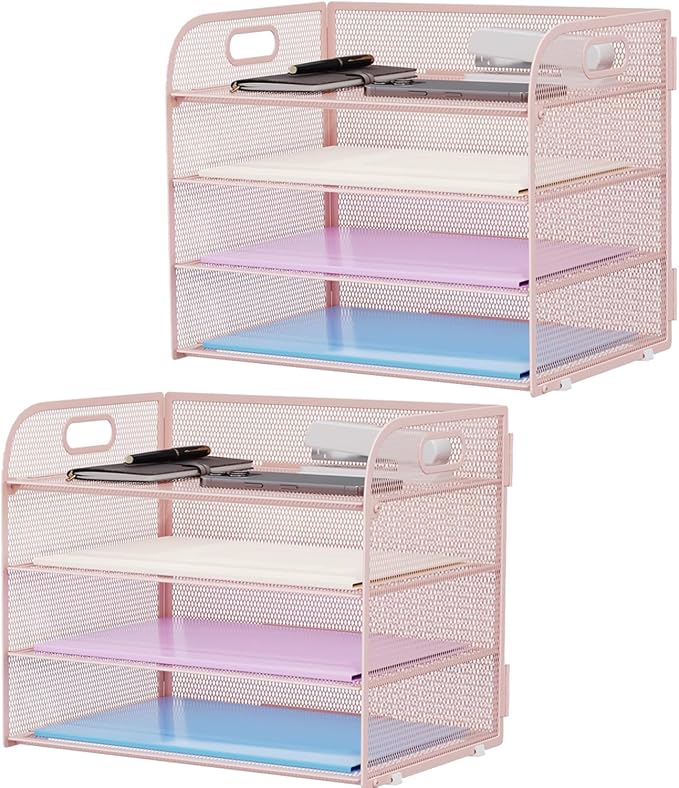 Marbrasse 2 Pack 4 Tier Paper Organizer Letter Tray - Mesh Desk File Organizer with Handle, Paper Sorter Organizer for Letter/A4 Office File Folder Holder (Pink, 12.6" x 9.1" x 10.7") by Marbrasse