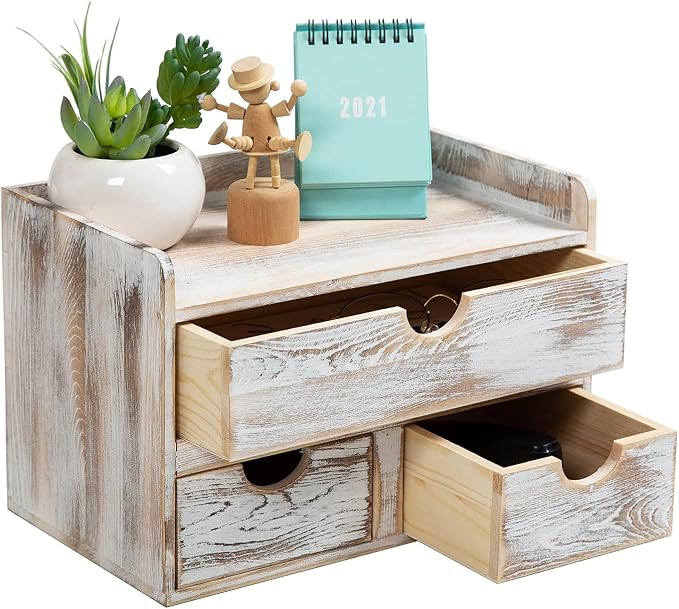 Rustic Distressed white 3-Tier Wood Desk Organizer with 3 Drawers Mini Storage Shelf For Desk, Toiletries Vanity Office Supplies (Vintage white) by VERGOODR