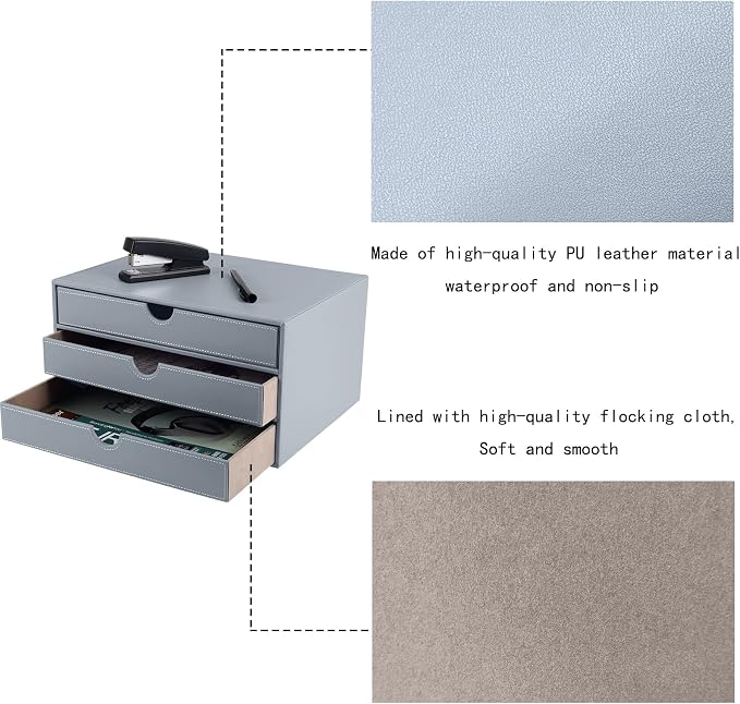 Leather Desk Organizer with 3 Drawers/Tray, Executive Office Supplies Desktop Filing A4 File Cabinet/Holder, Stackable Storage Box Grey (Gray) - Image 5