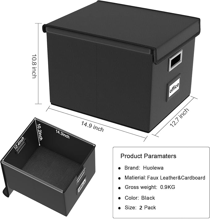 File Organizer Box with Lids, Collapsible File Folder Organizer | File Box with Plastic Slides for Document, Filing Bin for Letter Size Hanging File Folders (2 Pack, Black, Leather) - Image 6