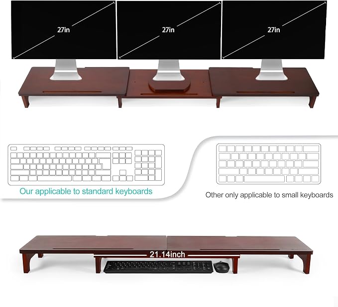 Nnewvante Dual Monitor Riser, 60 inch Bamboo Monitor Stand for Desk, Walnut | Adjustable Length Angle, 3 Shelves Desktop Screen Riser, For Computer Laptop PC - Image 3
