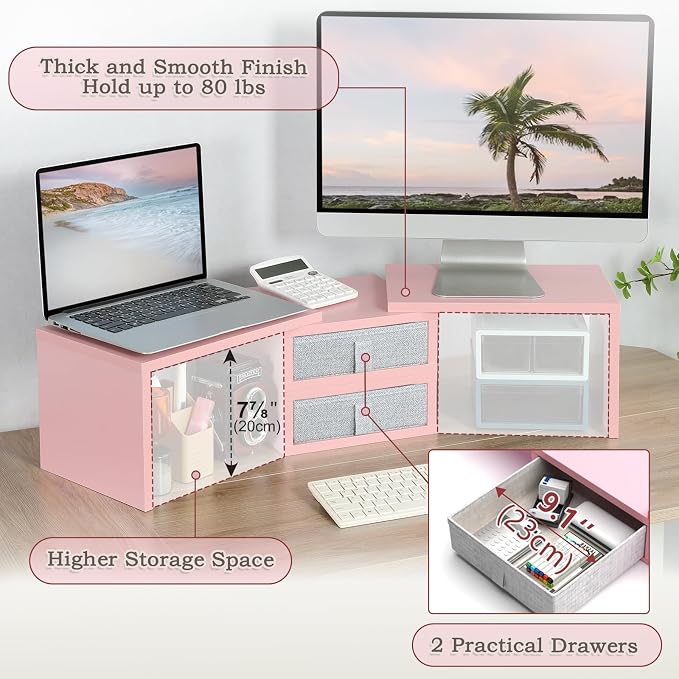 TEAMIX Pink Dual Monitor Stand Riser with 2 Drawers - Length and Angle Adjustable Double Corner Desk Shelf Organizer 37 inch for 2 Laptop/PC/Screen/TV (2 Drawers - 8''H) - Image 3