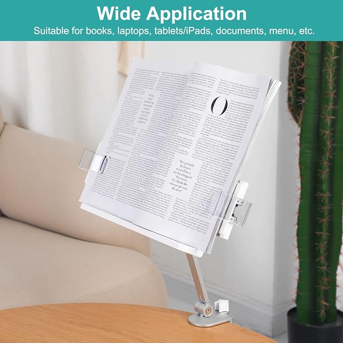 PATIKIL Book Stand for Reading, Metal Reading Rest Book Holder with Page Clips, Height Angle Adjustable, 360° Rotating Arm Suitable for Sheet Music, Laptop - Image 6
