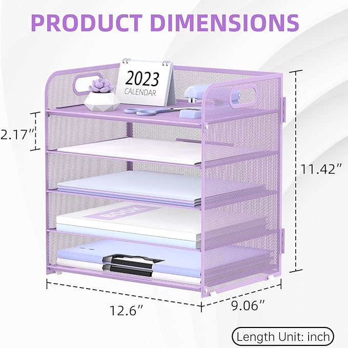 2 Pack 5-Tier Purple Desk Organizer with Handle Mesh Desk File/Paper Organizer Letter Tray for Office, School and Home Easy Installation Purple Office Supplies - Image 5