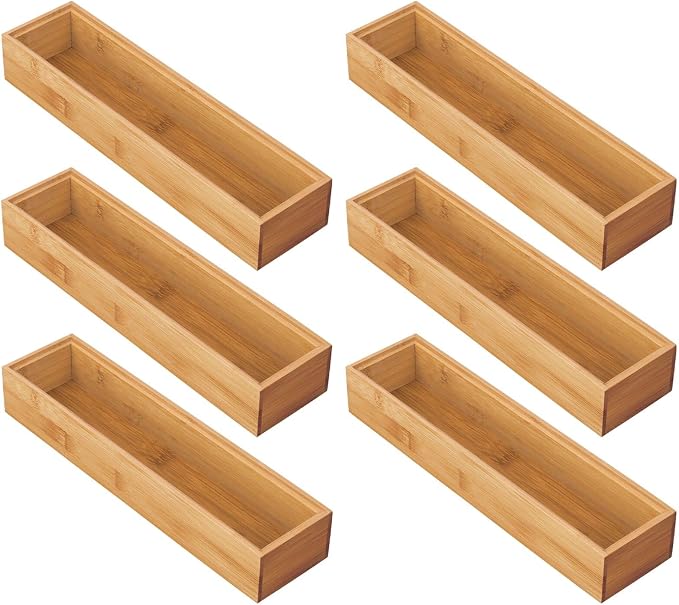 mDesign Slim Wooden Bamboo Drawer Organizer for Office - 12" Long Stackable Storage Box Tray for Desk Drawers/Cabinet - Junk Drawer and Accessories Organization - Echo Collection, 6 Pack, Natural Wood - Image 9