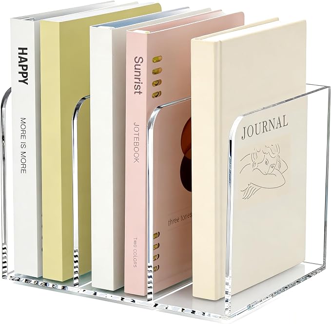 Clear Acrylic 3-Slot Magazine File Holder, Vertical Desk Organizer | 3 extra-wide compartments hold magazines, files, books, tablets. 5mm thick clear acrylic, non-slip base. No assembly. by Unknown