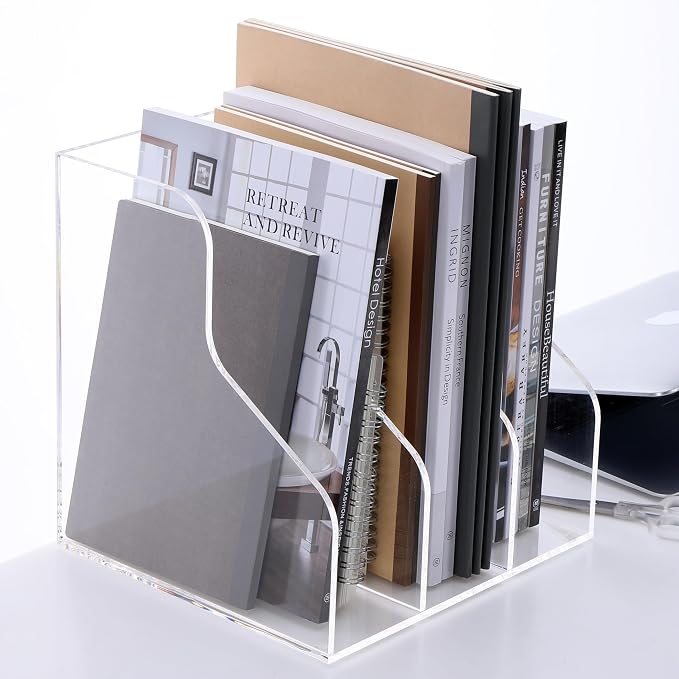 HeZone Desk File Organizer, Acrylic Magazine File Holder with 3 Vertical Compartments Rack File Sorter for Office Home Classroom Desk Organization, Clear… - Image 9