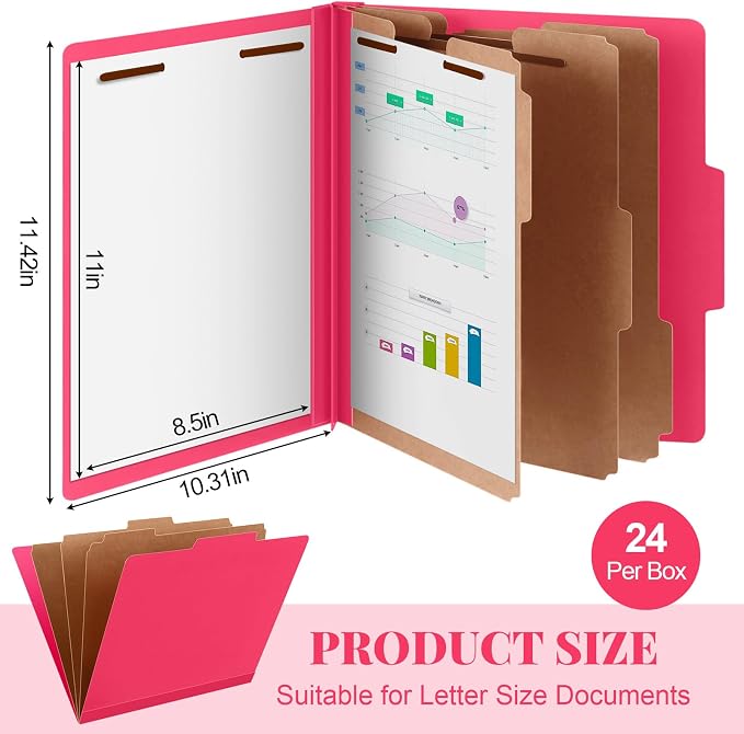 AmazingSpark 24 Pcs Classification Folder Letter Size Bulk 3 Divider Pressboard File Folder with Expansion 2 Prong Fastener Heavy Duty Office File Organizer for School Medical Document(Hot Pink) - Image 2