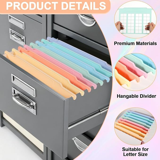 party greeting 8 Pack File and Folder Dividers 9.4x12.7 Inch Plastic Hanging Filing Cabinet Dividers Organizers Insertable File Separators Supplies for Office Drawer Organization (Pastel) - Image 3
