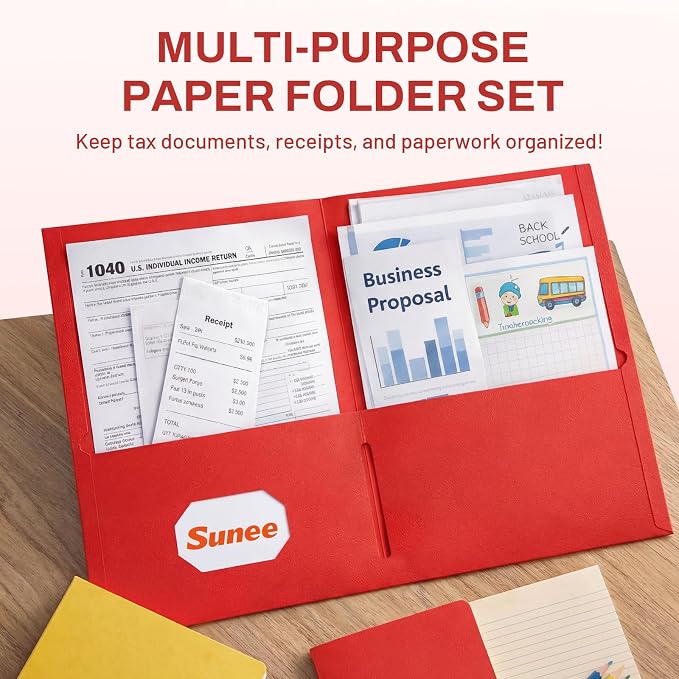 SUNEE Folders with Pockets(125 Pack, Red), 2 Pocket Folders Fit Letter Size Paper, Paper File Folder for School Office Home Business - Image 2
