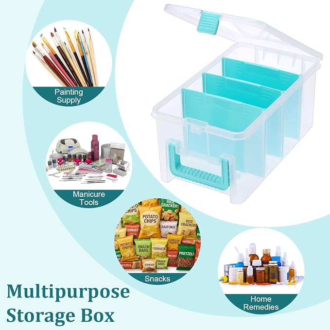 BTSKY Clear Plastic Dividing Storage Box with 4 Deep Compartment Sewing Box | 13.9x7.9x6.2 Inches Adjustable Storage Bin with Lid Portable Craft Storage Container Multipurpose Art Supply Organizer Blue - Image 7