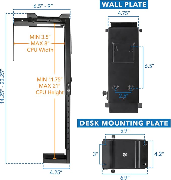 Mount-It! CPU Under Desk Mount Bracket - Computer Tower Wall and Under Counter Holder, 360 Degree Swivel Adjustable Height and Width Wall-Mountable - Image 7