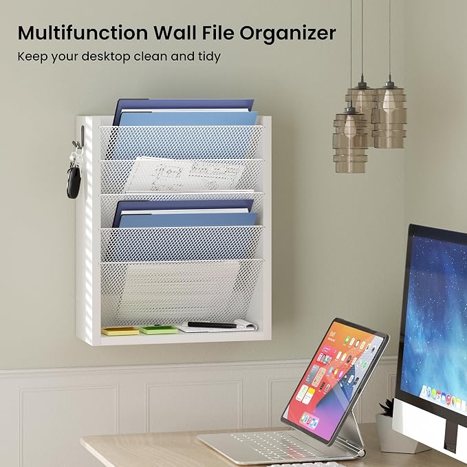 Mail Organizer Wall Mounted, 6-Slot Hanging File Organizer with Key Holder | Mail Sorter, Wood Letter Holder for Envelopes Bills Magazine Folders Papers Accessories for Home Office, White - Image 4