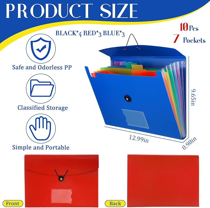 Glenmal 10 Pcs 7 Pocket File Folders File Organizer Expanding Folder with Labels Plastic Pocket A4 Letter Size Paper Organizer for Office Back to School Supplies(Red, Black, Blue) - Image 2