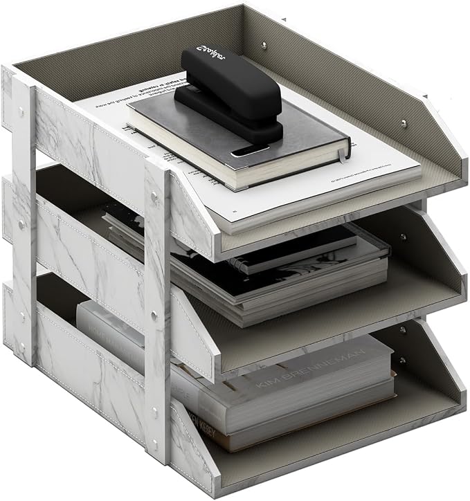 Leather Desk Organizer, Thipoten 3-Tier Stackable Letter Tray Holder for Office Supplies, Paper, File, Magazine, Perfect Office Organization for Desktop (White-3Tiers) by THIPOTEN