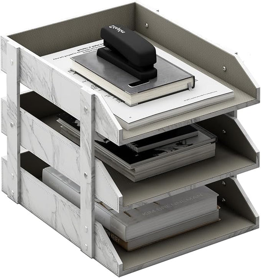 Leather Desk Organizer, Thipoten 3-Tier Stackable Letter Tray Holder for Office Supplies, Paper, File, Magazine, Perfect Office Organization for Desktop (White-3Tiers) by THIPOTEN