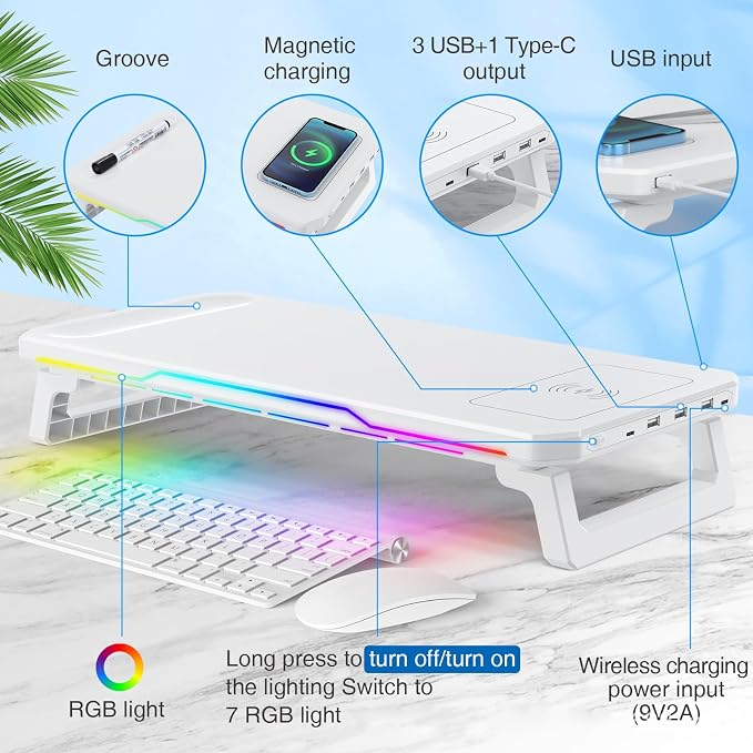 Monitor Stand Riser with USB 3.0 Hub & Type-C Port, 15W Fast Wireless Charging & RGB Lighting, Desk Organizer for Home Office PC iMac 27 Inch (White) - Image 2