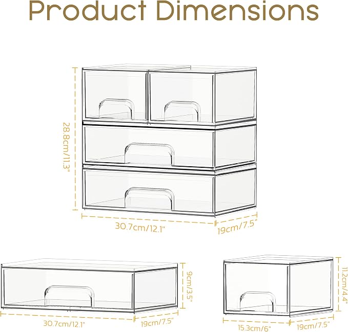 Stackable Storage Drawers, 4 Pack Clear Plastic Makeup & Bathroom Organizer, Versatile Storage Bins for Vanity, Under Sink, Kitchen Cabinets & Pantry - Image 2