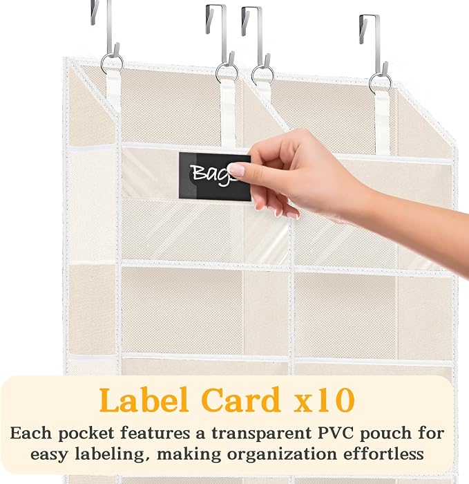 Over the Door Organizer, 5-Tier Extra Large Storage with 10 Pockets and PVC Label Pouches, 80 lbs Capacity Hanging Closet Organizer, Beige - Image 2
