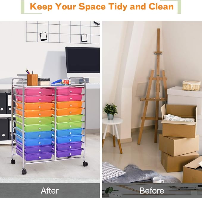 GOFLAME 20-Drawer Rolling Storage Cart, Multifunctional Art Craft Organizer Cart, Mobile Utility Storage Cart with Removable Drawers & Lockable Wheels, Craft Cart for Home Office, Rainbow - Image 9
