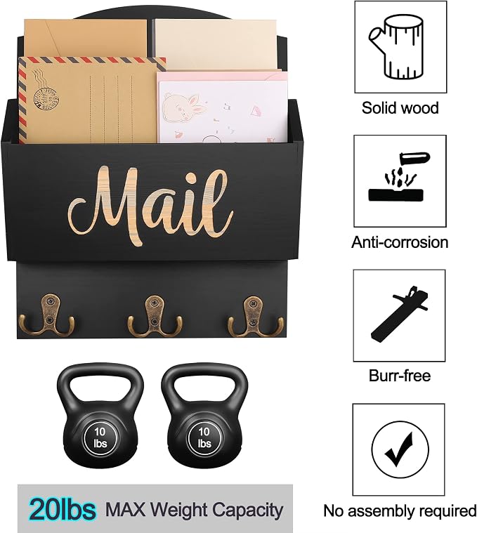 Mail Organizer Wall Mount, Wooden Mail Sorter Wall Mounted with 3 Double Hooks, Mail Letter Holder and Key Holder for Home Entryway Hallway Office Room Wall Decorative - Image 4
