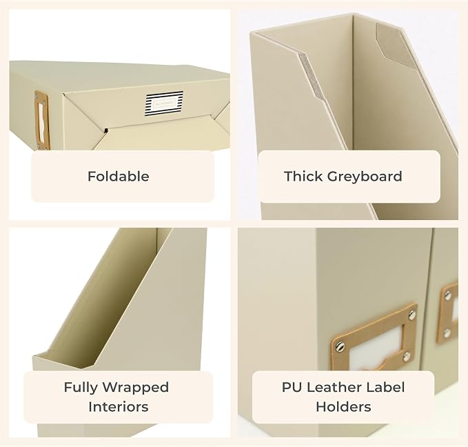 BLU MONACO | Cardboard Magazine File Holder Set of 6 | Vertical Magazine File Holder with Label Slots | Beige Linen Foldable File Organizers for Desk Shelf Office - Image 7
